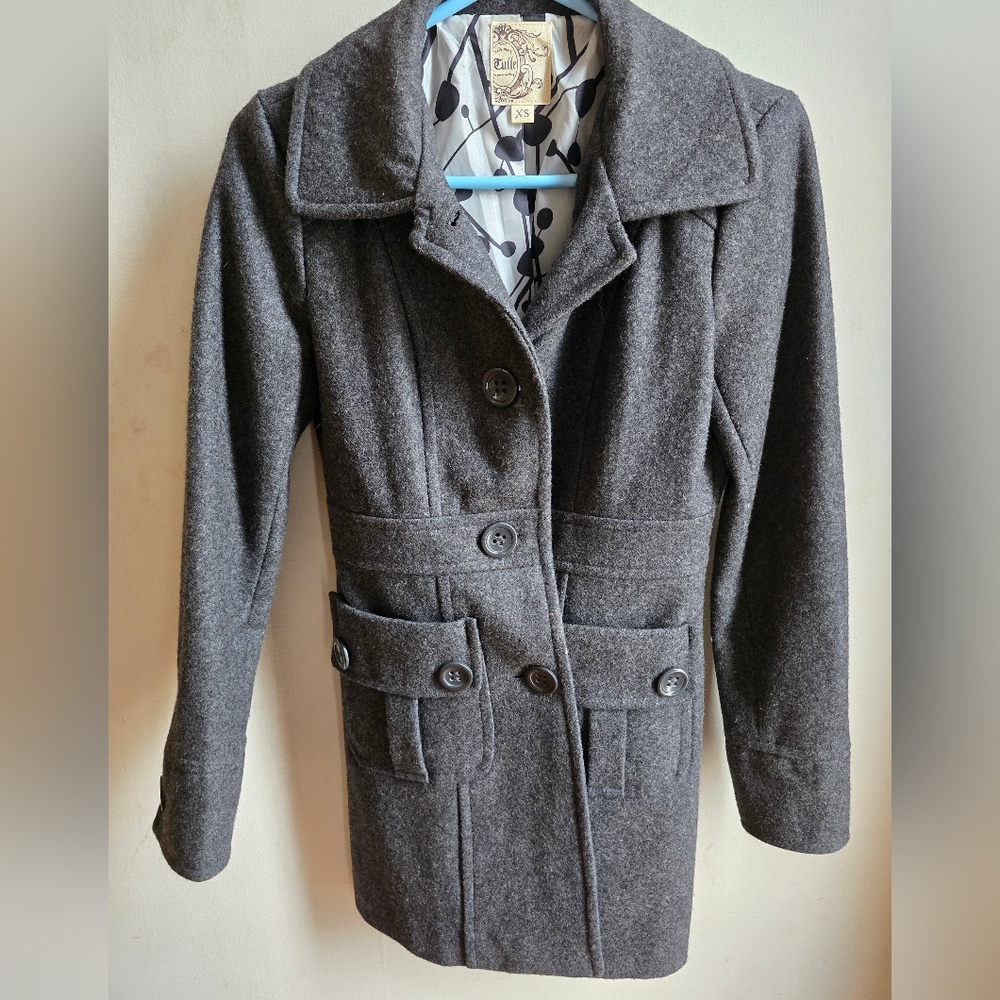 Tulle Anthropologie Wool Blend Pea Coat/Trench Coat Dark Gray Xs